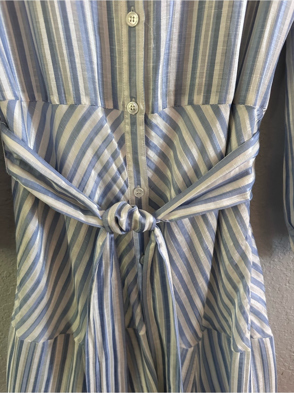 Veronica Beard Jenna Tie Waist Linen Silk Stripe Midi Dress Size 8 Blue White - Picture 5 of 16